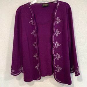 Bob Mackie Wearable Art Cotton Sweater Sequined Built-In Tank Top Purple Large